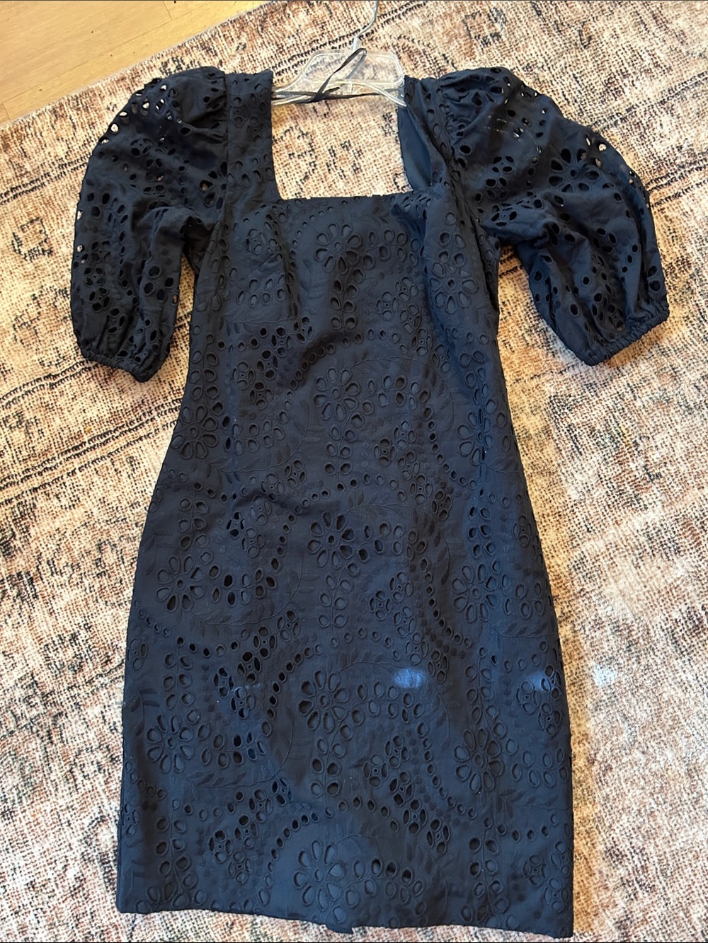Eliza J Black Eyelet Square-Neck Puff Sleeve Mini Dress